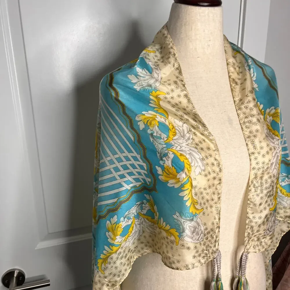 Johnny Was Silk Scarf Tassels Blue Floral Print Square Designer 42x42